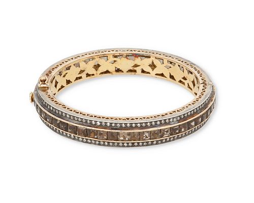 An Indian smoky quartz and diamond hinged bangle bracelet