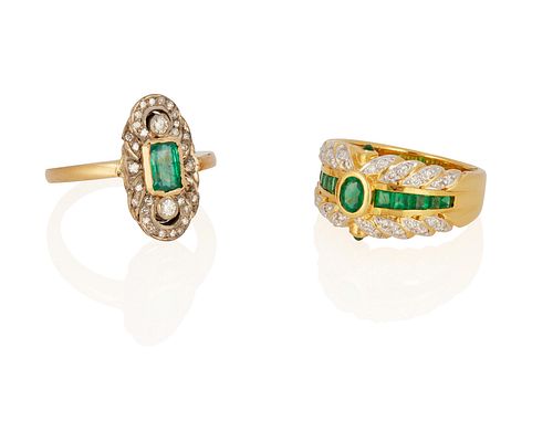 Two emerald and diamond rings