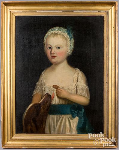 English oil on canvas portrait of a child and dog