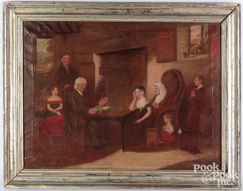 Oil on canvas interior scene, 19th c.
