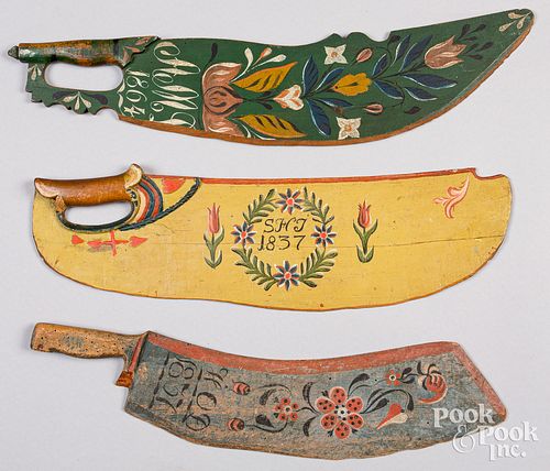 Three Scandinavian painted scutching knives