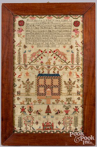 English silk on linen sampler, dated 1838