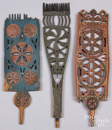 Three Scandinavian carved and painted distaff