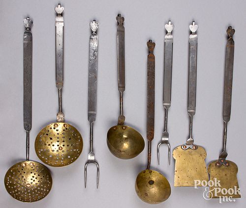 Eight contemporary whitesmithed and brass utensils