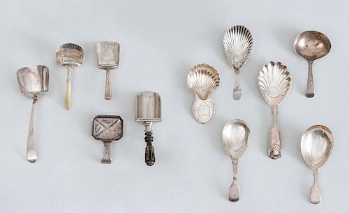 GROUP OF TEN GEORGIAN AND VICTORIAN SILVER CADDY SPOONS AND A SILVER-PLATED SPOON