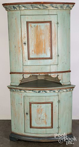 Scandinavian painted pine two-part corner cupboard