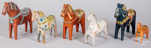 Six Scandinavian carved and painted dala horses