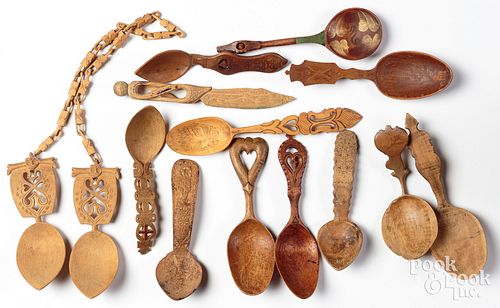 Collection of Scandinavian carved wedding spoons.
