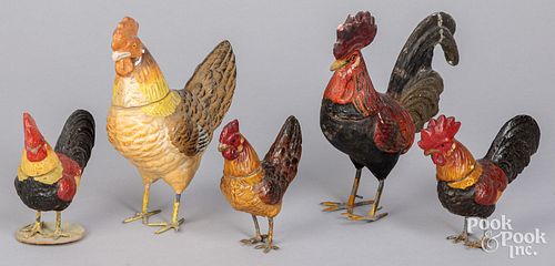 Five composition rooster candy containers