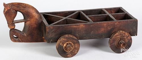 Primitive carved running horse wagon, ca. 1900