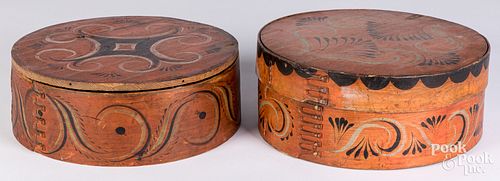 Two vibrant Scandinavian painted bentwood band box