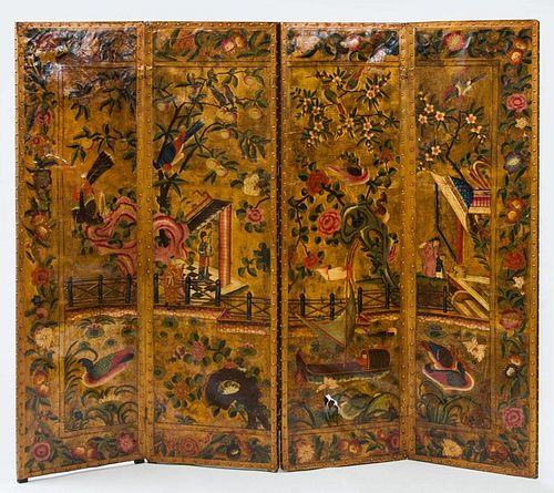 DUTCH PAINTED AND PARCEL-GILT FOUR-PANEL LEATHER SCREEN