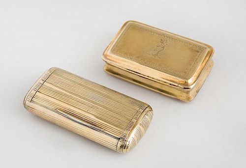 GEORGE III CRESTED SILVER-GILT VINAIGRETTE AND A GEORGE III SILVER-GILT SNUFF BOX