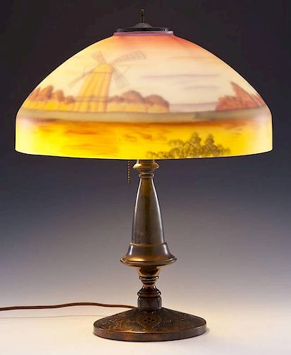 Reverse Painted Glass and Bronze Lamp