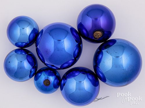 Seven blue glass Kugel ornament balls