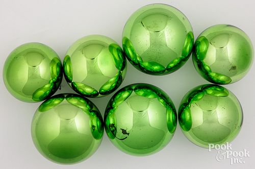 Seven green glass Kugel ornament balls