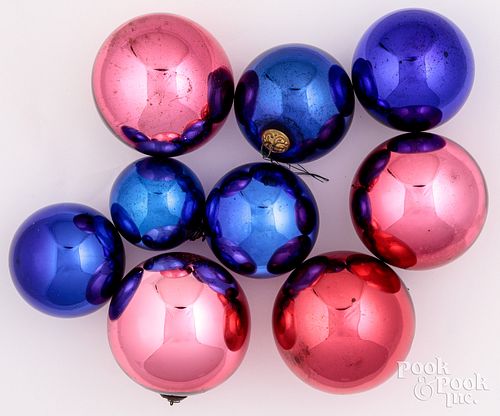 Nine red and blue glass Kugel ornament balls