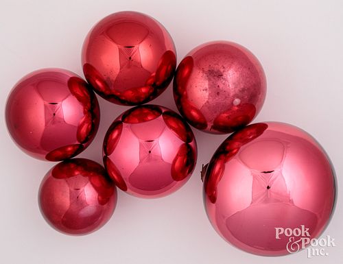 Six red glass Kugel ornament balls