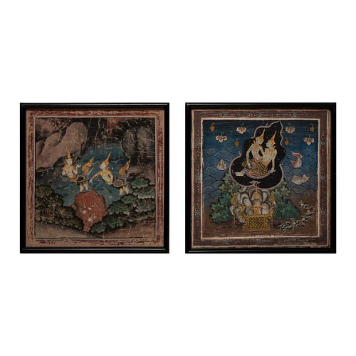 LOTE DE THANGKAS.SXX. Pintura sobre textil, adherido a tabla. Decoradas con parejas de divinidades. Enmarcadas. 47 x 47 cm. pz 2
