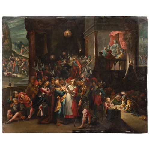 COMPOSICIÓN  PASIONARIA EN TORNO A PEDRO Y JESÚS FLANDES, SIGLO XVII Óleo sobre lámina de cobre. 56 x 69 cm