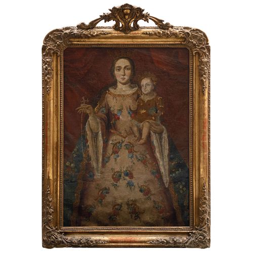 NUESTRA SEÑORA DEL ROSARIO MÉXICO, SIGLO XVIII Óleo sobre tela Detalles de conservación y restauración. 120 x 83 cm