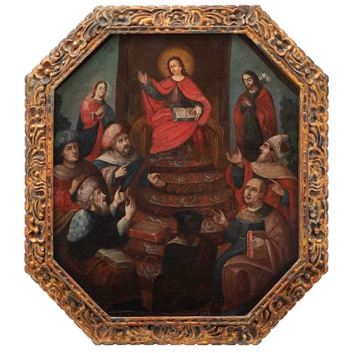 JESÚS ENTRE LOS DOCTORES MÉXICO, FINALES SIGLO XVIII Óleo sobre tela Detalles de conservación y restauración. Repintes 73 x 64 cm