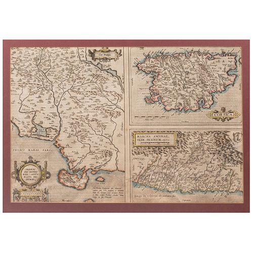 Ortelius, Abraham. Senensis Ditionis Accurata Descrip. / Corsica / Marcha Anaconae Picenum 1572. Amberes, ca., 1600. Mapa Coloreado.