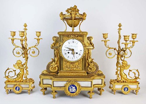 19th C. Beurdeley 3 Pc. Gilt Bronze Mounted Marble Clockset w/ Wedgewood Plaques, Circa 1880