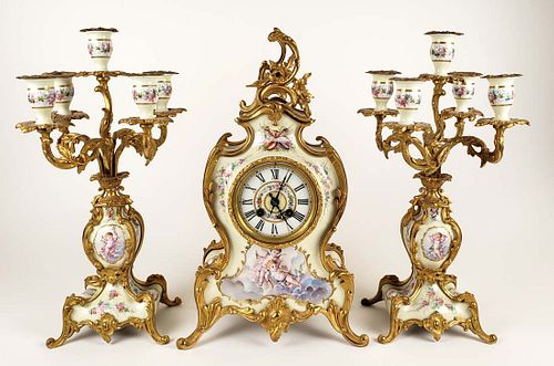 19th C. French Louis XIV Porcelain & Bronze Clockset