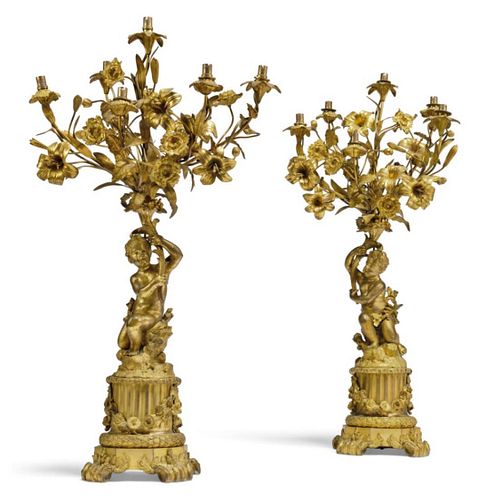 Pair of 19th C. French Figural Gilt Bronze Six Light Candelabras