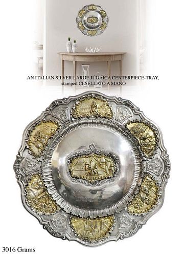 An Italian Judaica Sterling Silver Large Centerpiece Tray Stamped Cesellato A Mano