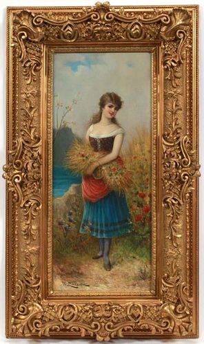 Hans Zatzka (Austria, 1859-49) Oil on Canvas "Woman with Flowers"