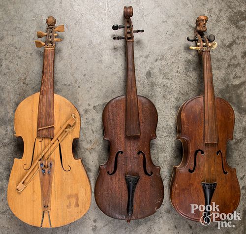 Three homemade folk art violins, 19th/20th c.
