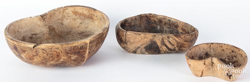 Three unusual heart form burl bowls