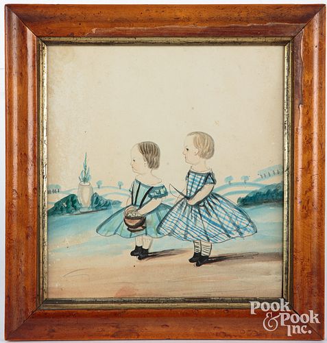Watercolor folk portrait of two children, 19th c.