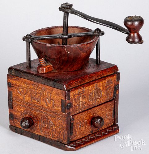 Scandinavian carved coffee mill, 19th c.