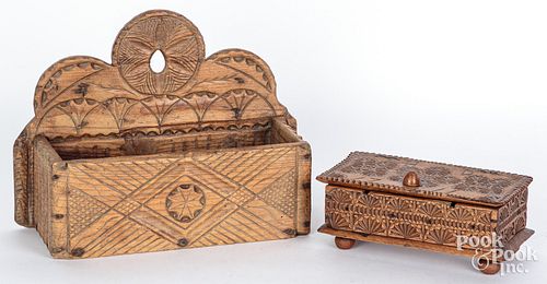 Scandinavian chip carved spool box, dated 1711