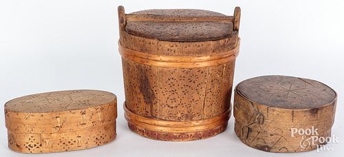 Two Scandinavian bentwood boxes and a bucket