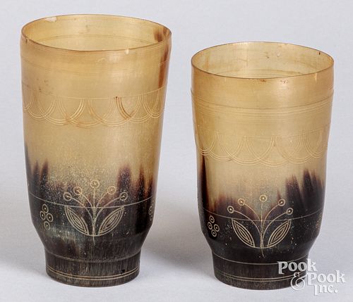 Two etched horn cups, ca. 1900