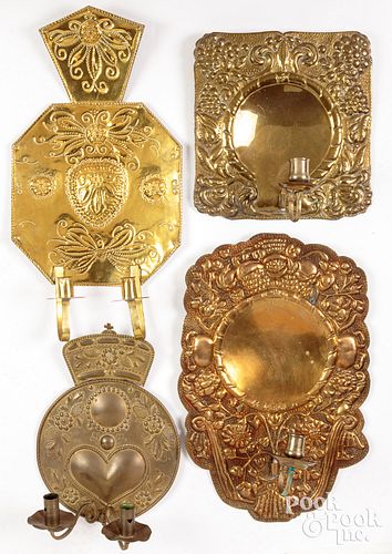 Four embossed brass sconces