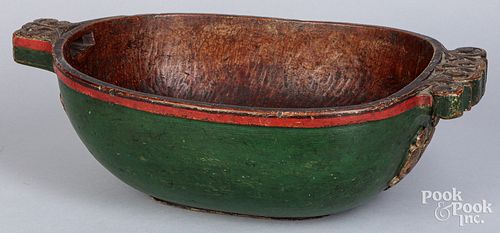 Scandinavian carved and painted deep ale bowl