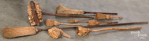 Seven hearth brooms and brushes, 19th and 20th c.,