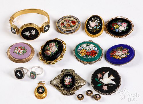 Group of mosaic jewelry, several with gold mounts
