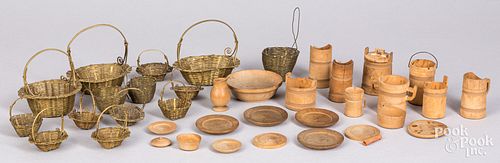 Miniature wire baskets and woodenware.
