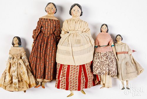 Five small Greiner type papier-mâché dolls, 19th c