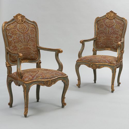Pair of Italian Rococo Painted and Parcel-Gilt Armchairs