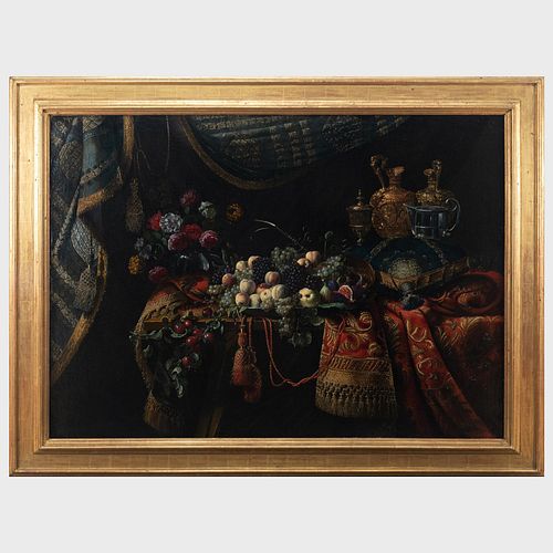 European School: Still Life with Urns, Fruit and Flowers