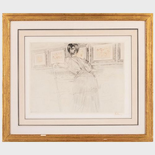 Paul CÃ©sar Helleu (1859-1927): Madame Helleu devant les dessins de Watteau au Louvre
