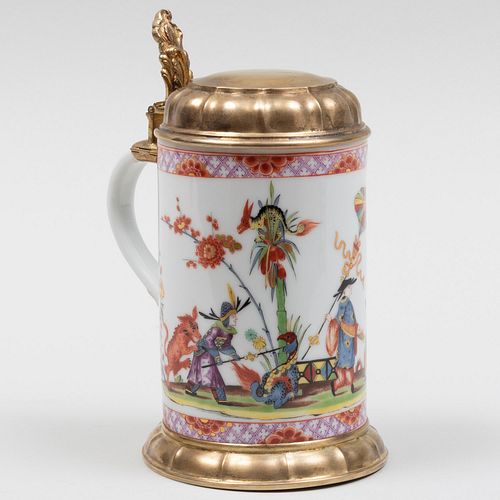 Meissen Style Gilt-Metal-Mounted Porcelain Tankard Decorated in the Asian Taste