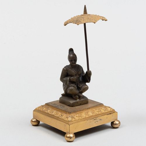 Chinoiserie Ormolu-Mounted Patinated Bronze Seated Figure of a Lady with a Parasol